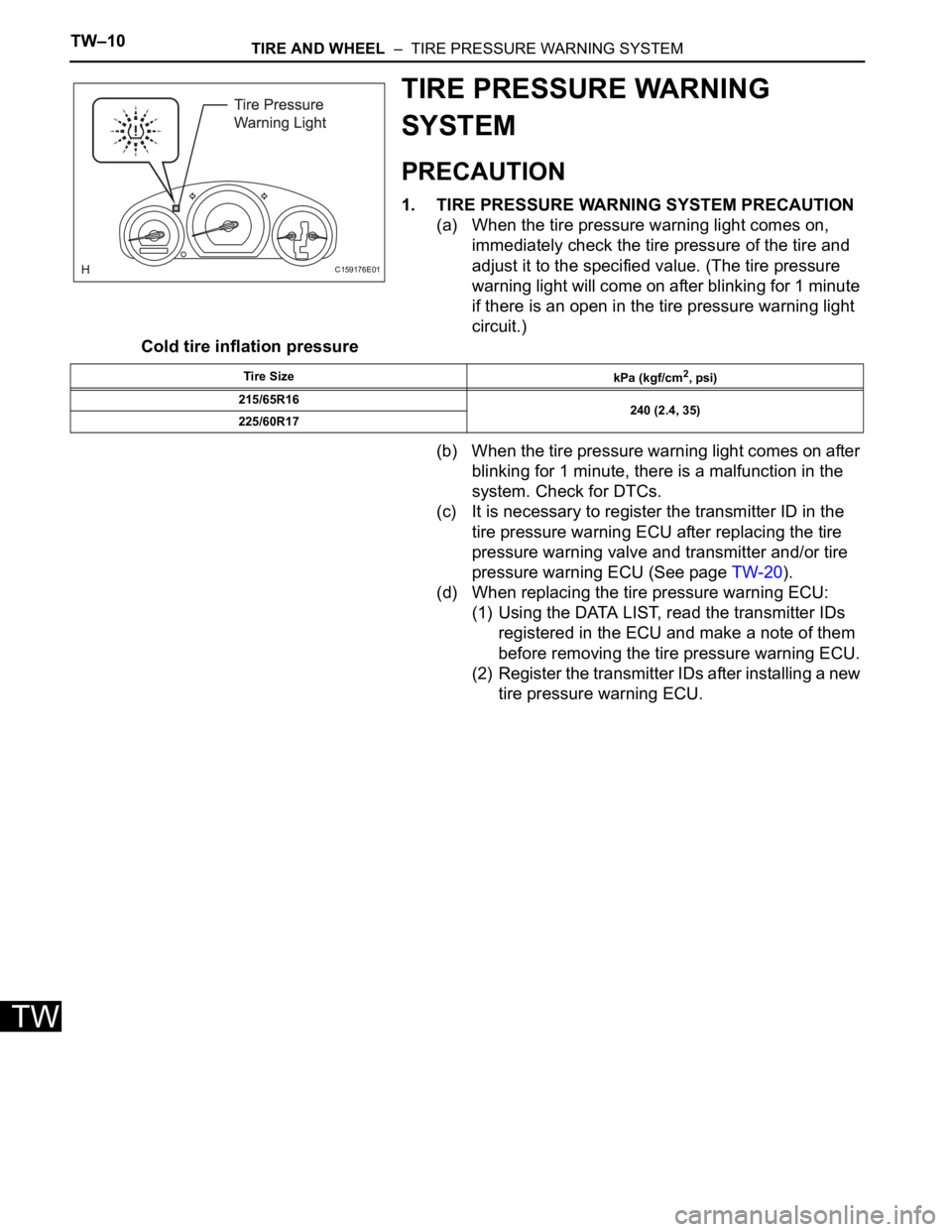TOYOTA SIENNA 2007 Service Repair Manual TW–10TIRE AND WHEEL – TIRE PRESSURE WARNING SYSTEM
TW
TIRE PRESSURE WARNING
SYSTEM
PRECAUTION
1. TIRE PRESSURE WARNING SYSTEM PRECAUTION
(a) When the tire pressure warning light comes on,
imme TOYOTA SIENNA 2007 Service Repair Manual TW–10TIRE AND WHEEL – TIRE PRESSURE WARNING SYSTEM
TW
TIRE PRESSURE WARNING
SYSTEM
PRECAUTION
1. TIRE PRESSURE WARNING SYSTEM PRECAUTION
(a) When the tire pressure warning light comes on,
imme