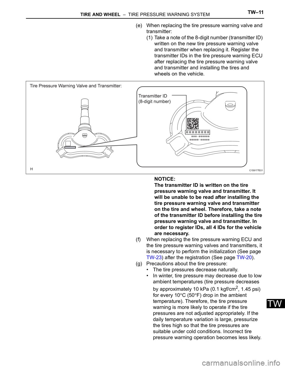 TOYOTA SIENNA 2007 Service Repair Manual TIRE AND WHEEL – TIRE PRESSURE WARNING SYSTEMTW–11
TW
(e) When replacing the tire pressure warning valve and
transmitter:
(1) Take a note of the 8-digit number (transmitter ID)
written on the TOYOTA SIENNA 2007 Service Repair Manual TIRE AND WHEEL – TIRE PRESSURE WARNING SYSTEMTW–11
TW
(e) When replacing the tire pressure warning valve and
transmitter:
(1) Take a note of the 8-digit number (transmitter ID)
written on the