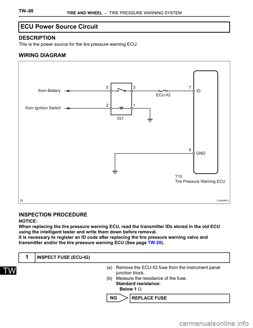 TOYOTA SIENNA 2007  Service Repair Manual TW–80TIRE AND WHEEL  –  TIRE PRESSURE WARNING SYSTEM
TW
DESCRIPTION
This is the power source for the tire pressure warning ECU.
WIRING DIAGRAM
INSPECTION PROCEDURE
NOTICE:
When replacing the tire 
