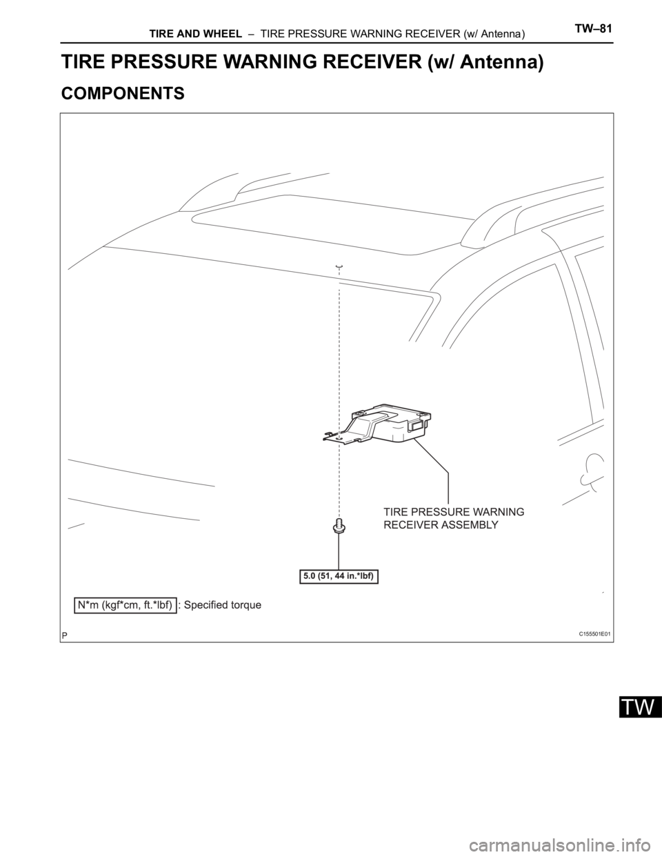TOYOTA SIENNA 2007  Service Repair Manual TIRE AND WHEEL  –  TIRE PRESSURE WARNING RECEIVER (w/ Antenna)TW–81
TW
SUSPENSION & AXLE
TIRE AND WHEEL
TIRE PRESSURE WARNING RECEIVER (w/ Antenna)
COMPONENTS
C155501E01 