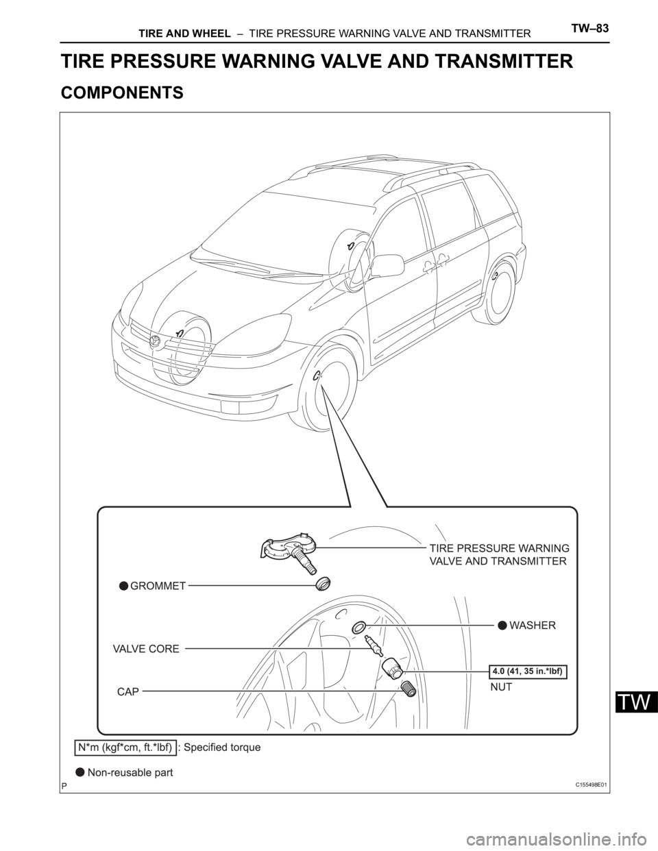 TOYOTA SIENNA 2007  Service Repair Manual TIRE AND WHEEL  –  TIRE PRESSURE WARNING VALVE AND TRANSMITTERTW–83
TW
SUSPENSION & AXLE
TIRE AND WHEEL
TIRE PRESSURE WARNING VALVE AND TRANSMITTER
COMPONENTS
C155498E01 