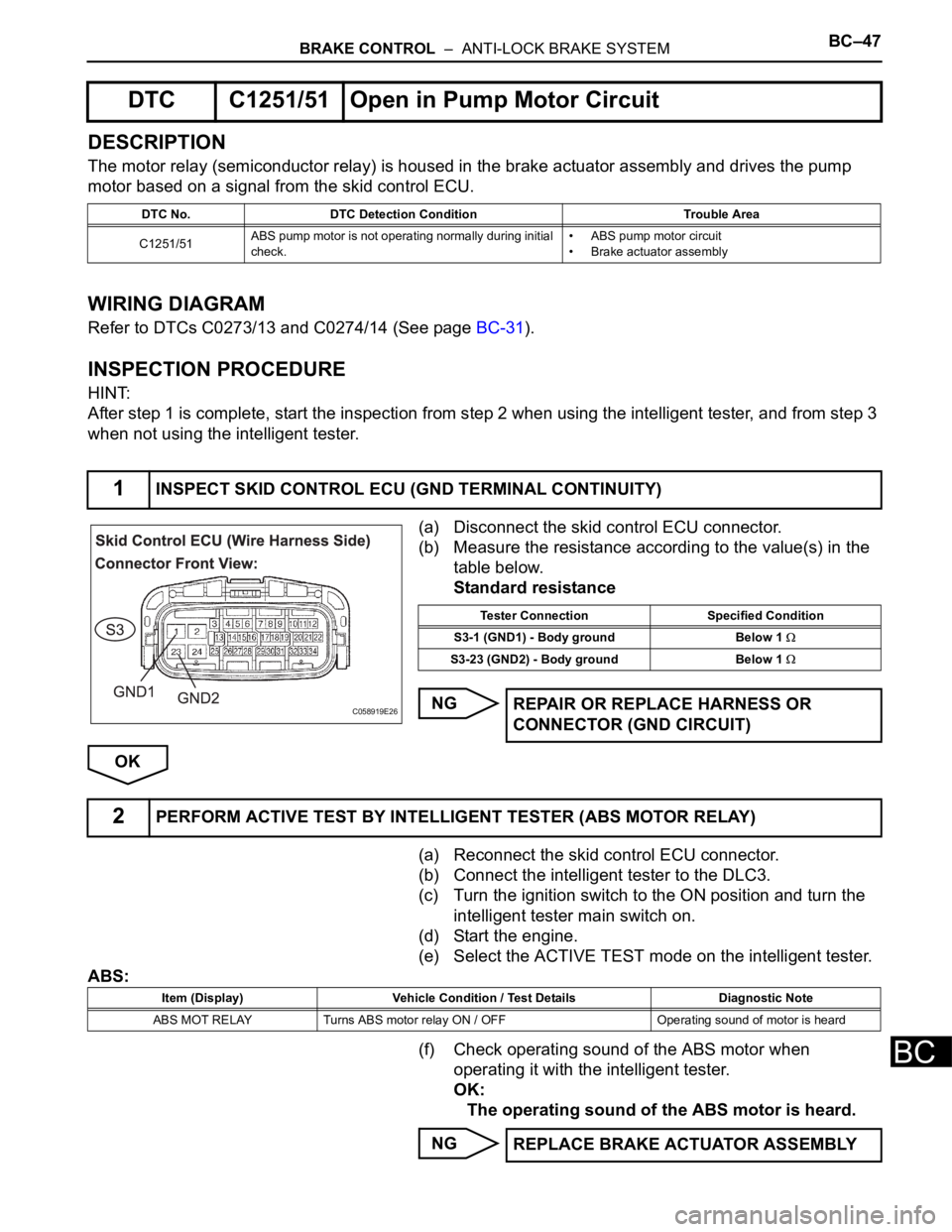 TOYOTA SIENNA 2007  Service Repair Manual BRAKE CONTROL  –  ANTI-LOCK BRAKE SYSTEMBC–47
BC
DESCRIPTION
The motor relay (semiconductor relay) is housed in the brake actuator assembly and drives the pump 
motor based on a signal from the sk