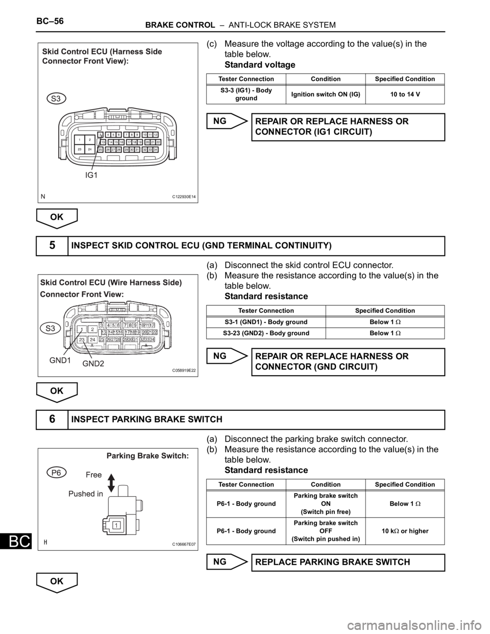 TOYOTA SIENNA 2007  Service Repair Manual BC–56BRAKE CONTROL  –  ANTI-LOCK BRAKE SYSTEM
BC
(c) Measure the voltage according to the value(s) in the 
table below.
Standard voltage
NG
OK
(a) Disconnect the skid control ECU connector.
(b) Me