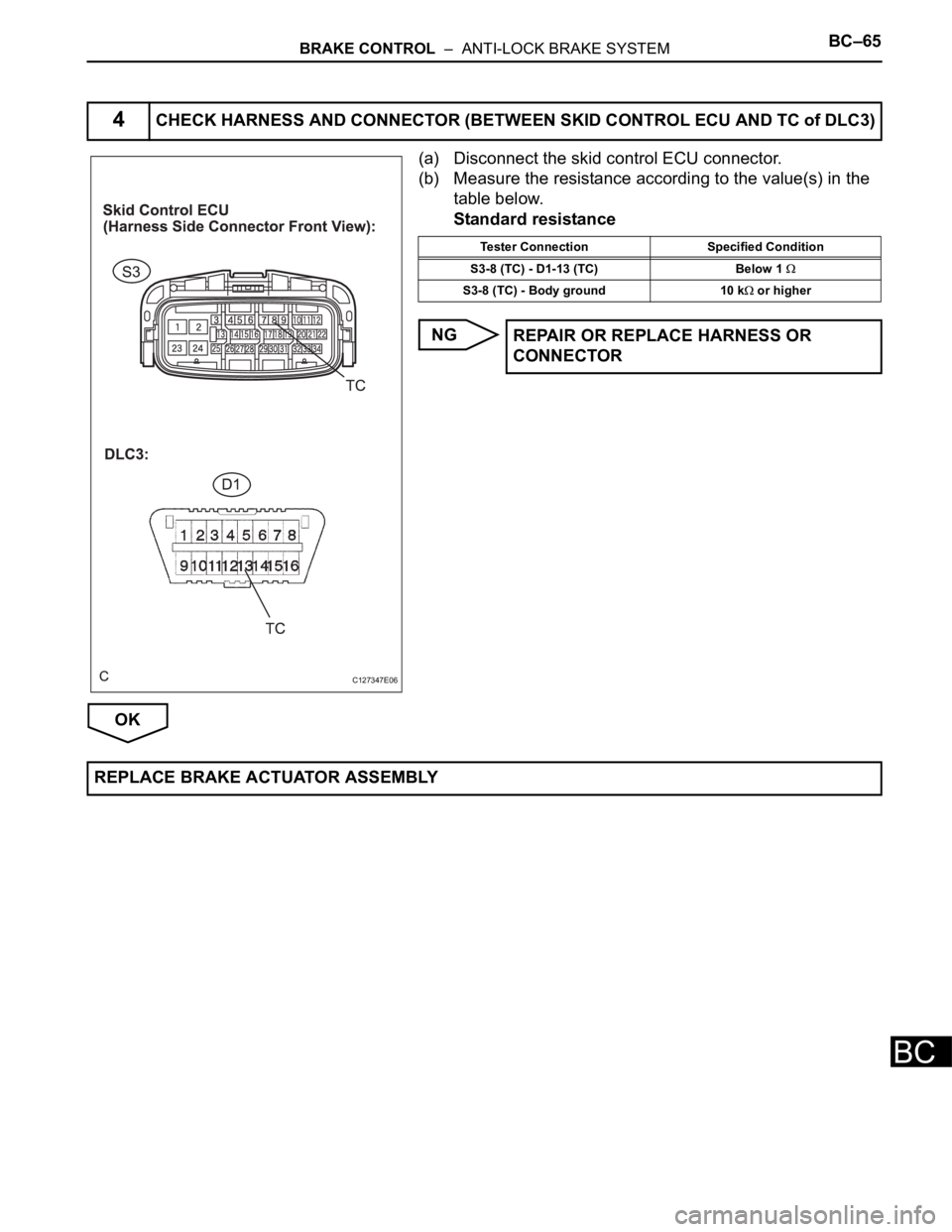 TOYOTA SIENNA 2007  Service Repair Manual BRAKE CONTROL  –  ANTI-LOCK BRAKE SYSTEMBC–65
BC
(a) Disconnect the skid control ECU connector.
(b) Measure the resistance according to the value(s) in the 
table below.
Standard resistance
NG
OK
