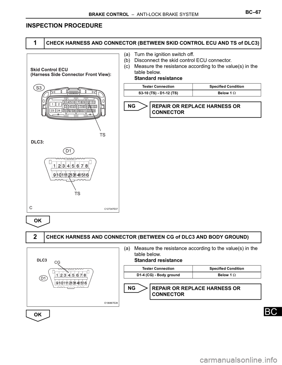 TOYOTA SIENNA 2007  Service Repair Manual BRAKE CONTROL  –  ANTI-LOCK BRAKE SYSTEMBC–67
BC
INSPECTION PROCEDURE
(a) Turn the ignition switch off.
(b) Disconnect the skid control ECU connector.
(c) Measure the resistance according to the v