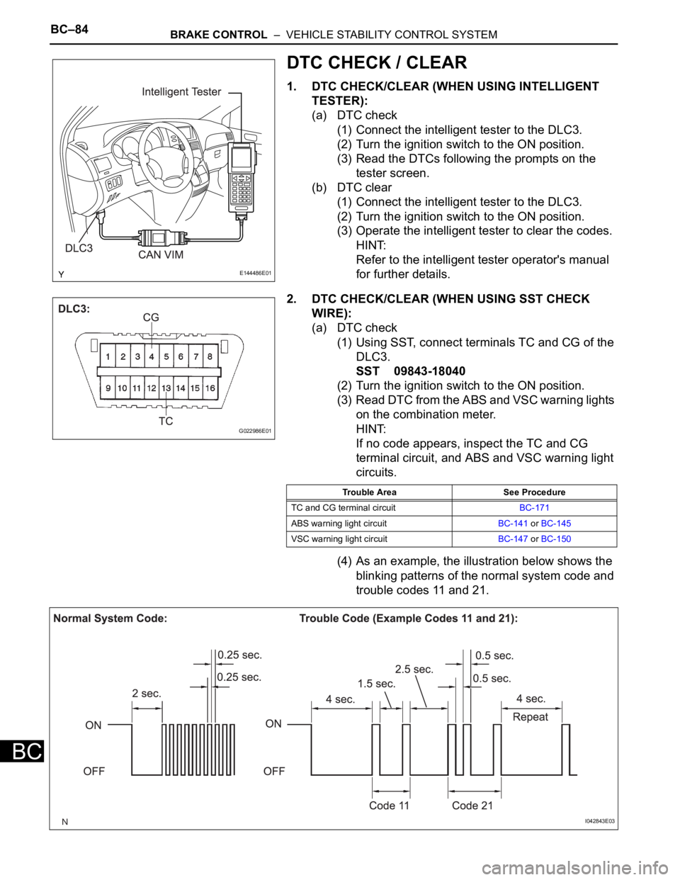 TOYOTA SIENNA 2007 Service Repair Manual BC–84BRAKE CONTROL – VEHICLE STABILITY CONTROL SYSTEM
BC
DTC CHECK / CLEAR
1. DTC CHECK/CLEAR (WHEN USING INTELLIGENT
TESTER):
(a) DTC check
(1) Connect the intelligent tester to the DLC3.
(2) TOYOTA SIENNA 2007 Service Repair Manual BC–84BRAKE CONTROL – VEHICLE STABILITY CONTROL SYSTEM
BC
DTC CHECK / CLEAR
1. DTC CHECK/CLEAR (WHEN USING INTELLIGENT
TESTER):
(a) DTC check
(1) Connect the intelligent tester to the DLC3.
(2)