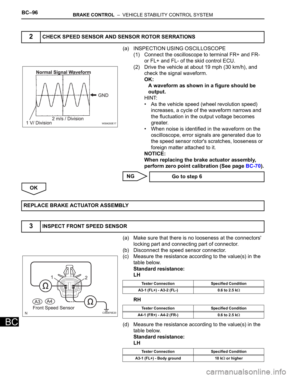 TOYOTA SIENNA 2007 Service Repair Manual BC–96BRAKE CONTROL – VEHICLE STABILITY CONTROL SYSTEM
BC
(a) INSPECTION USING OSCILLOSCOPE
(1) Connect the oscilloscope to terminal FR+ and FR-
or FL+ and FL- of the skid control ECU.
(2) Drive TOYOTA SIENNA 2007 Service Repair Manual BC–96BRAKE CONTROL – VEHICLE STABILITY CONTROL SYSTEM
BC
(a) INSPECTION USING OSCILLOSCOPE
(1) Connect the oscilloscope to terminal FR+ and FR-
or FL+ and FL- of the skid control ECU.
(2) Drive
