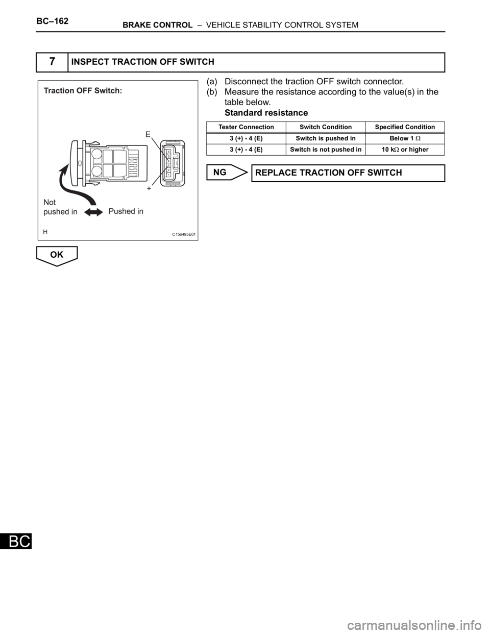 TOYOTA SIENNA 2007  Service Repair Manual BC–162BRAKE CONTROL  –  VEHICLE STABILITY CONTROL SYSTEM
BC
(a) Disconnect the traction OFF switch connector.
(b) Measure the resistance according to the value(s) in the 
table below.
Standard res