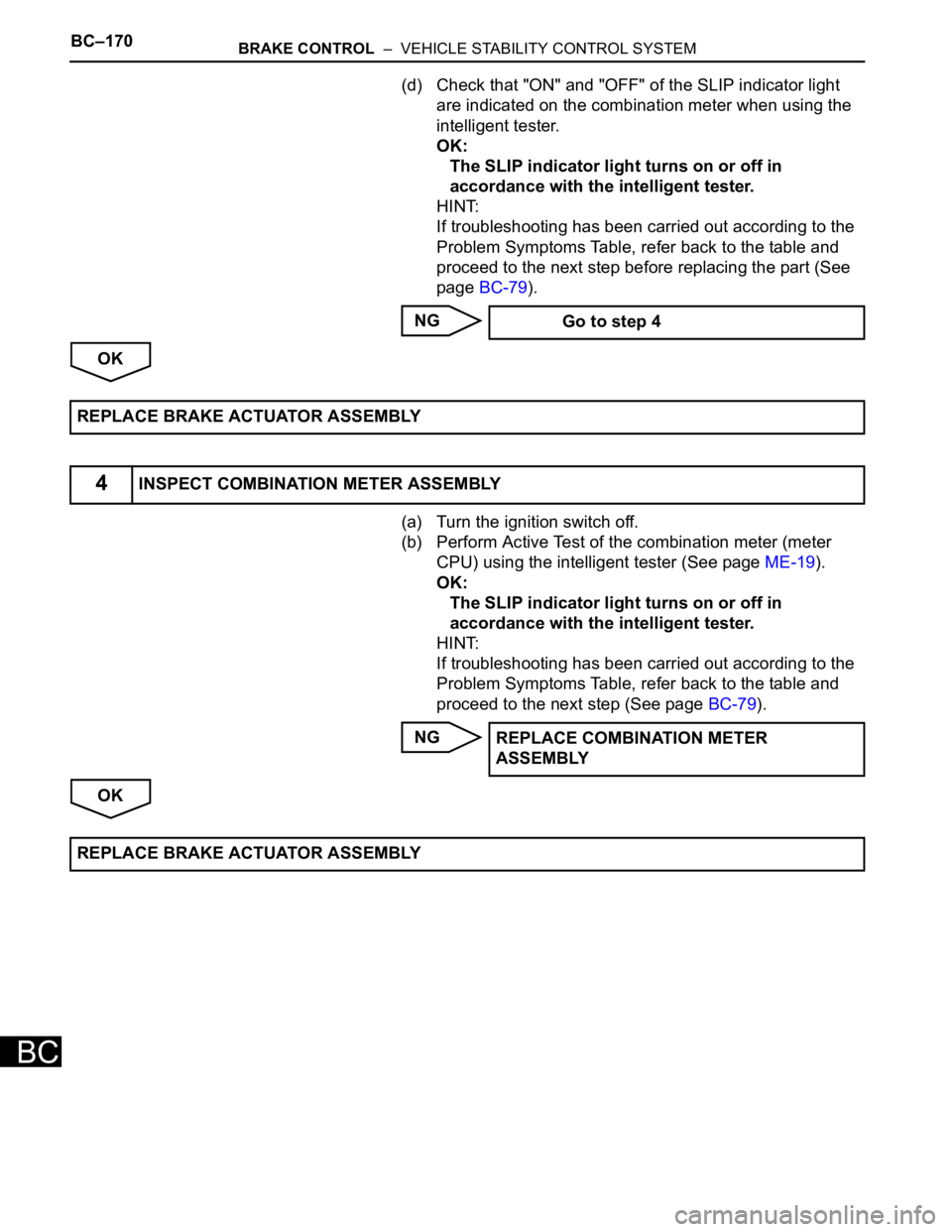 TOYOTA SIENNA 2007  Service Repair Manual BC–170BRAKE CONTROL  –  VEHICLE STABILITY CONTROL SYSTEM
BC
(d) Check that "ON" and "OFF" of the SLIP indicator light 
are indicated on the combination meter when using the 
intell