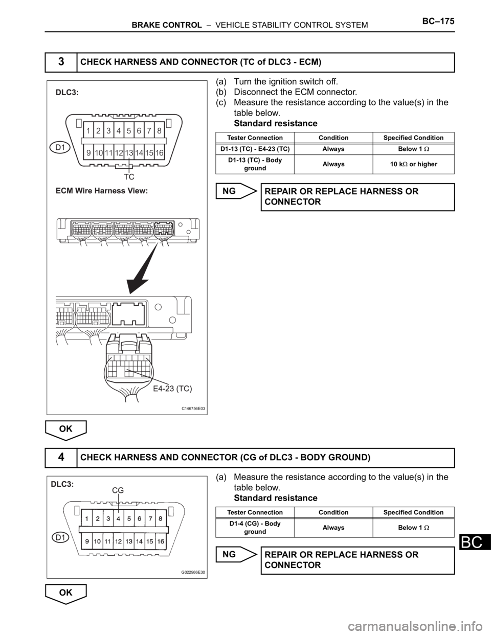 TOYOTA SIENNA 2007  Service Repair Manual BRAKE CONTROL  –  VEHICLE STABILITY CONTROL SYSTEMBC–175
BC
(a) Turn the ignition switch off.
(b) Disconnect the ECM connector.
(c) Measure the resistance according to the value(s) in the 
table b
