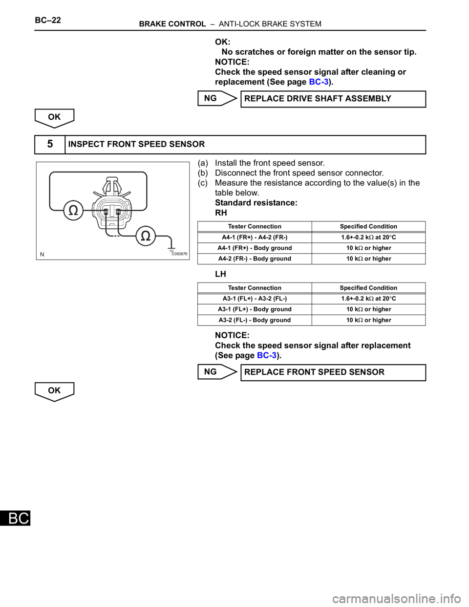 TOYOTA SIENNA 2007  Service Repair Manual BC–22BRAKE CONTROL  –  ANTI-LOCK BRAKE SYSTEM
BC
OK:
No scratches or foreign matter on the sensor tip.
NOTICE:
Check the speed sensor signal after cleaning or 
replacement (See page BC-3).
NG
OK
(