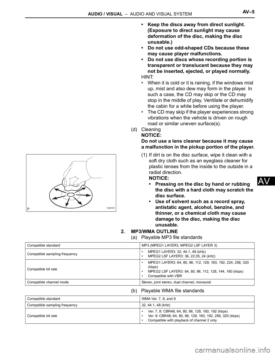 TOYOTA SIENNA 2007 Service Repair Manual AUDIO / VISUAL – AUDIO AND VISUAL SYSTEMAV – 5
AV
• Keep the discs away from direct sunlight.
(Exposure to direct sunlight may cause
deformation of the disc, making the disc
unusable.)
• TOYOTA SIENNA 2007 Service Repair Manual AUDIO / VISUAL – AUDIO AND VISUAL SYSTEMAV – 5
AV
• Keep the discs away from direct sunlight.
(Exposure to direct sunlight may cause
deformation of the disc, making the disc
unusable.)
•