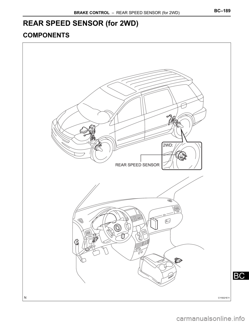 TOYOTA SIENNA 2007  Service Repair Manual BRAKE CONTROL  –  REAR SPEED SENSOR (for 2WD)BC–189
BC
BRAKE
BRAKE CONTROL
REAR SPEED SENSOR (for 2WD)
COMPONENTS
C119321E11 