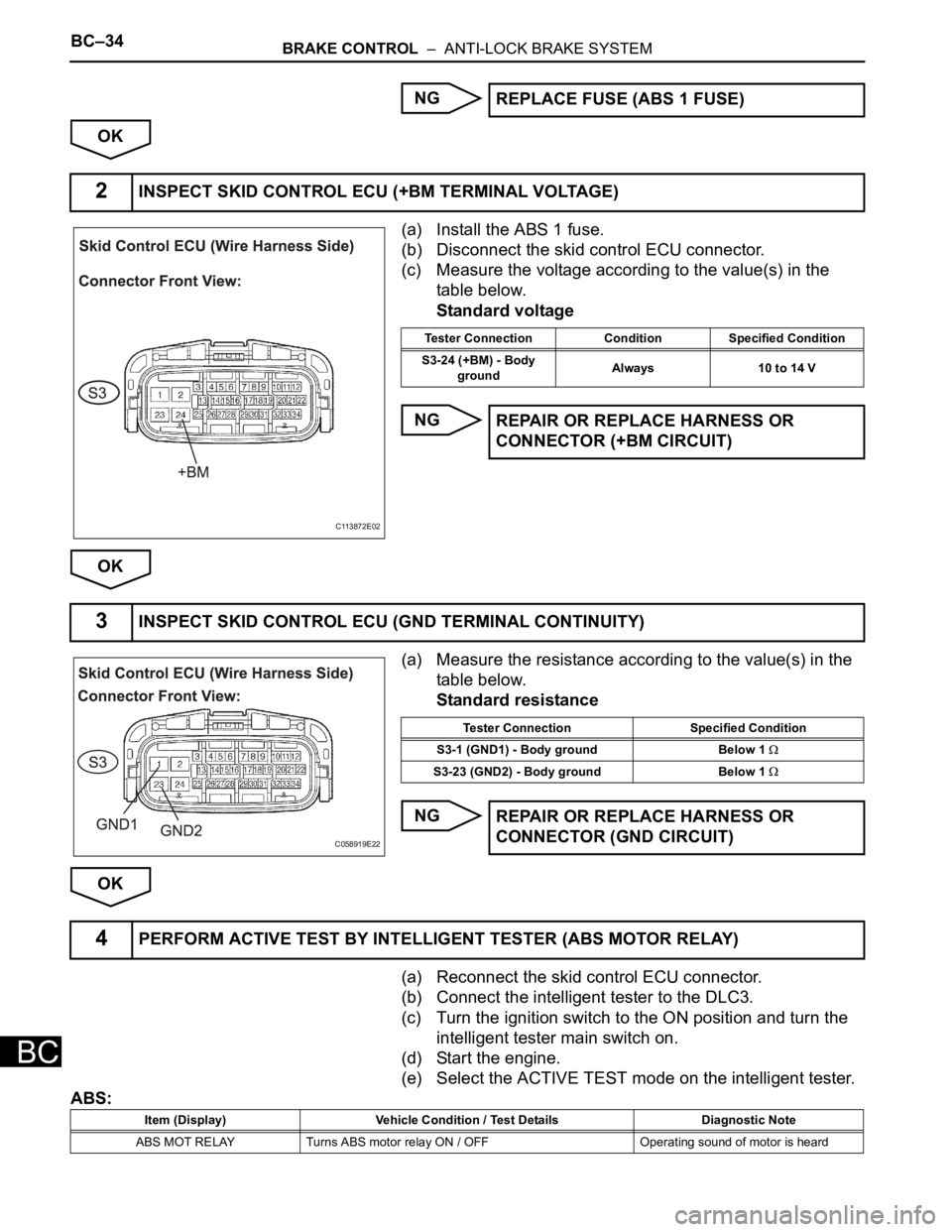 TOYOTA SIENNA 2007  Service Repair Manual BC–34BRAKE CONTROL  –  ANTI-LOCK BRAKE SYSTEM
BC
NG
OK
(a) Install the ABS 1 fuse.
(b) Disconnect the skid control ECU connector.
(c) Measure the voltage according to the value(s) in the 
table be