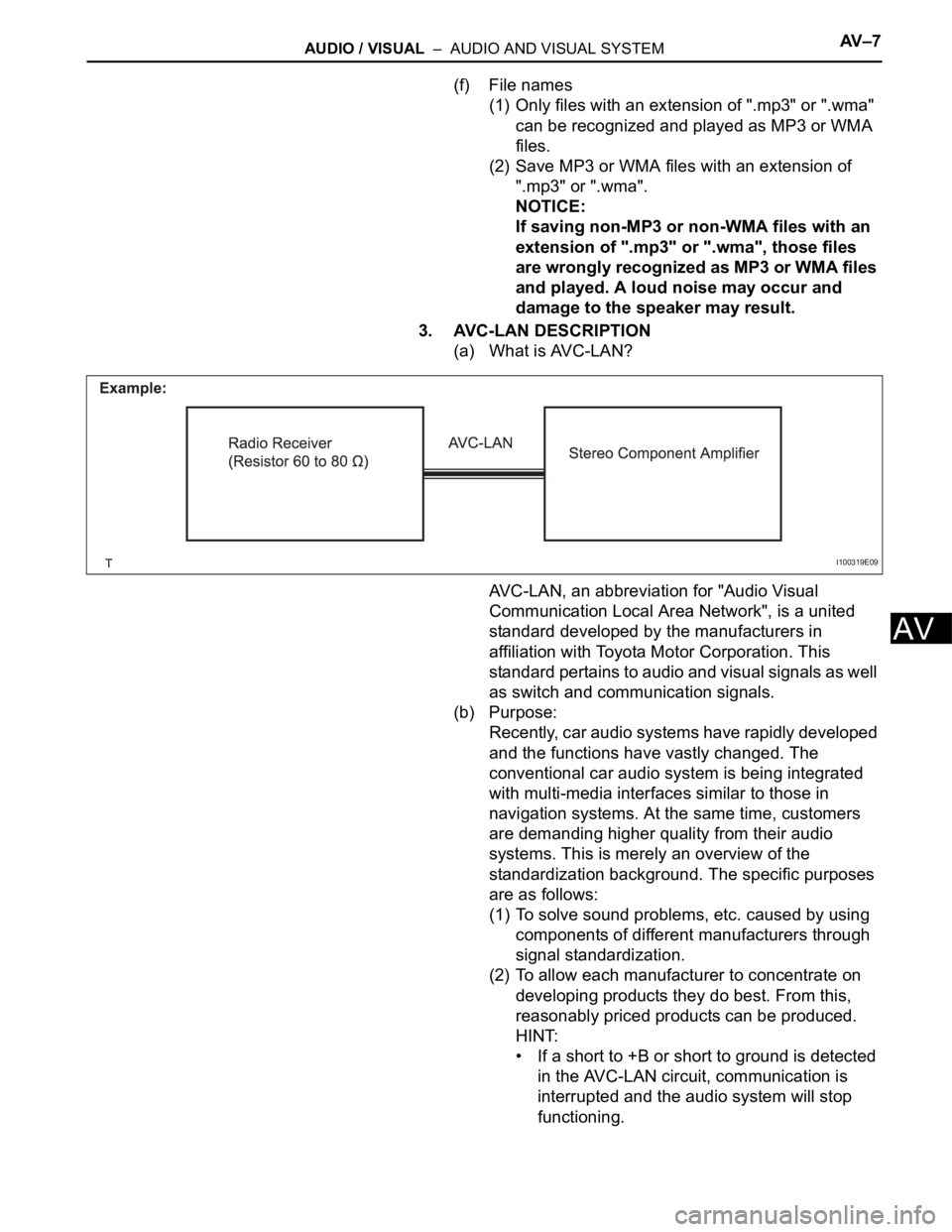 TOYOTA SIENNA 2007 Service Repair Manual AUDIO / VISUAL – AUDIO AND VISUAL SYSTEMAV – 7
AV
(f) File names
(1) Only files with an extension of ".mp3" or ".wma"
can be recognized and played as MP3 or WMA
files.
(2) Save TOYOTA SIENNA 2007 Service Repair Manual AUDIO / VISUAL – AUDIO AND VISUAL SYSTEMAV – 7
AV
(f) File names
(1) Only files with an extension of ".mp3" or ".wma"
can be recognized and played as MP3 or WMA
files.
(2) Save