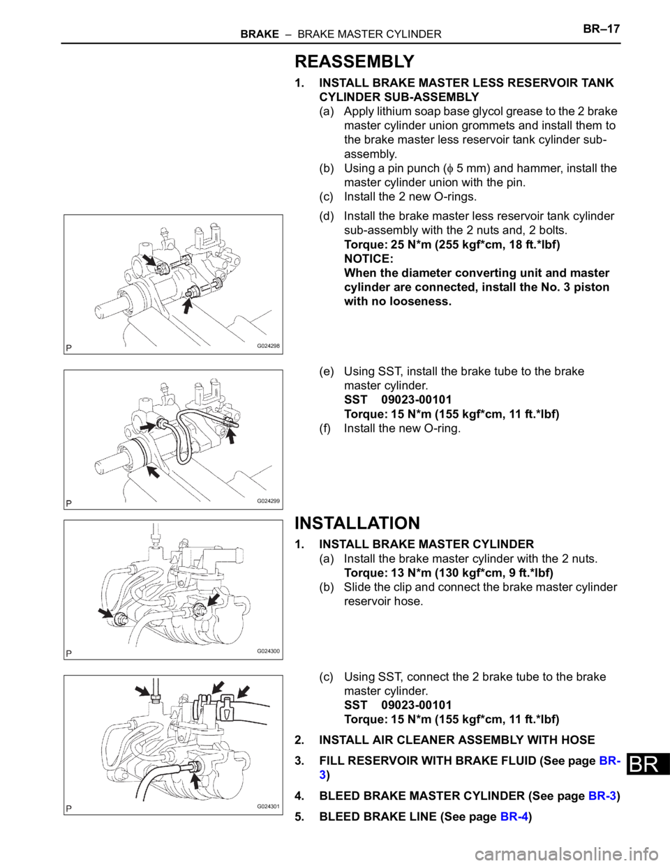 TOYOTA SIENNA 2007 Service Repair Manual BRAKE – BRAKE MASTER CYLINDERBR–17
BR
REASSEMBLY
1. INSTALL BRAKE MASTER LESS RESERVOIR TANK
CYLINDER SUB-ASSEMBLY
(a) Apply lithium soap base glycol grease to the 2 brake
master cylinder unio TOYOTA SIENNA 2007 Service Repair Manual BRAKE – BRAKE MASTER CYLINDERBR–17
BR
REASSEMBLY
1. INSTALL BRAKE MASTER LESS RESERVOIR TANK
CYLINDER SUB-ASSEMBLY
(a) Apply lithium soap base glycol grease to the 2 brake
master cylinder unio