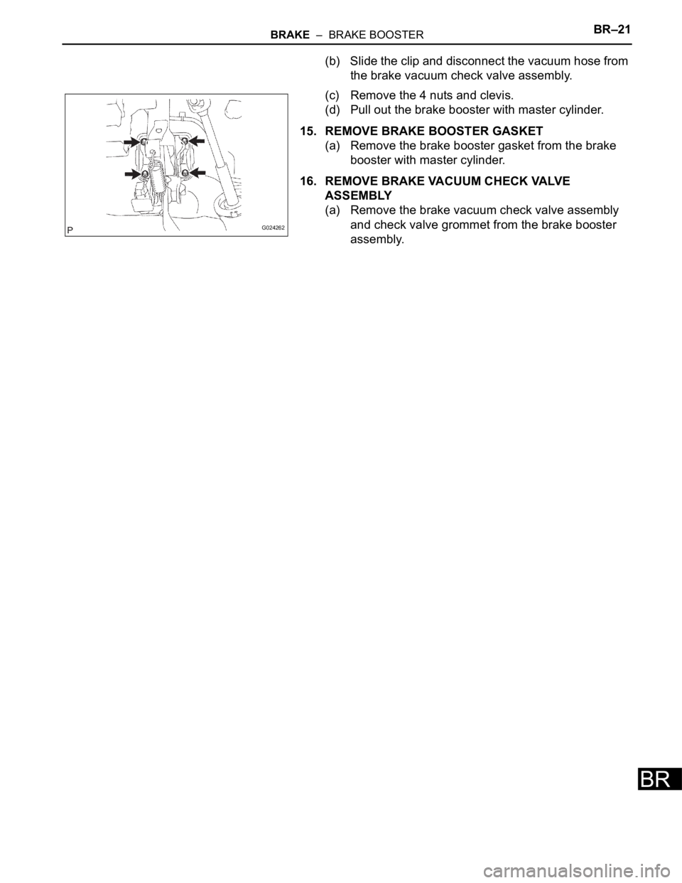 TOYOTA SIENNA 2007  Service Repair Manual BRAKE  –  BRAKE BOOSTERBR–21
BR
(b) Slide the clip and disconnect the vacuum hose from 
the brake vacuum check valve assembly.
(c) Remove the 4 nuts and clevis.
(d) Pull out the brake booster with
