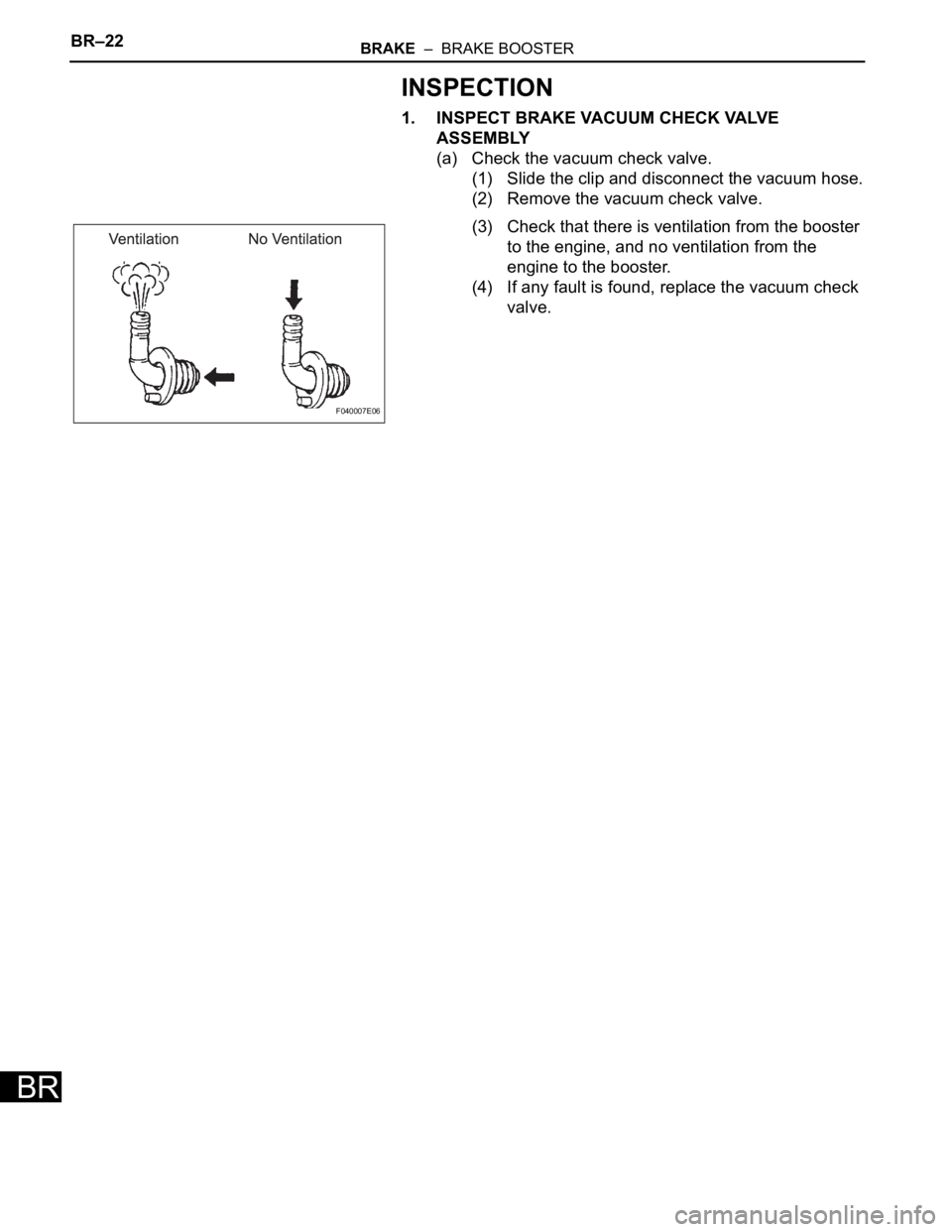 TOYOTA SIENNA 2007  Service Repair Manual BR–22BRAKE  –  BRAKE BOOSTER
BR
INSPECTION
1. INSPECT BRAKE VACUUM CHECK VALVE 
ASSEMBLY
(a) Check the vacuum check valve.
(1) Slide the clip and disconnect the vacuum hose.
(2) Remove the vacuum 