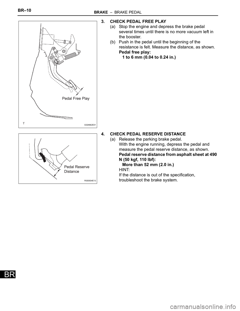 TOYOTA SIENNA 2007  Service Repair Manual BR–10BRAKE  –  BRAKE PEDAL
BR
3. CHECK PEDAL FREE PLAY
(a) Stop the engine and depress the brake pedal 
several times until there is no more vacuum left in 
the booster.
(b) Push in the pedal unti