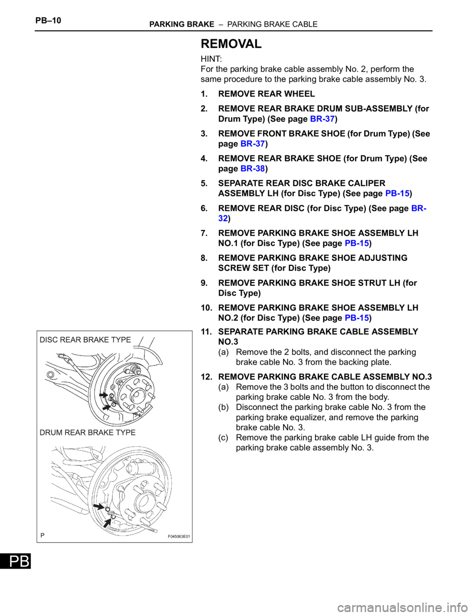 TOYOTA SIENNA 2007  Service Repair Manual PB–10PARKING BRAKE  –  PARKING BRAKE CABLE
PB
REMOVAL
HINT:
For the parking brake cable assembly No. 2, perform the 
same procedure to the parking brake cable assembly No. 3.
1. REMOVE REAR WHEEL
