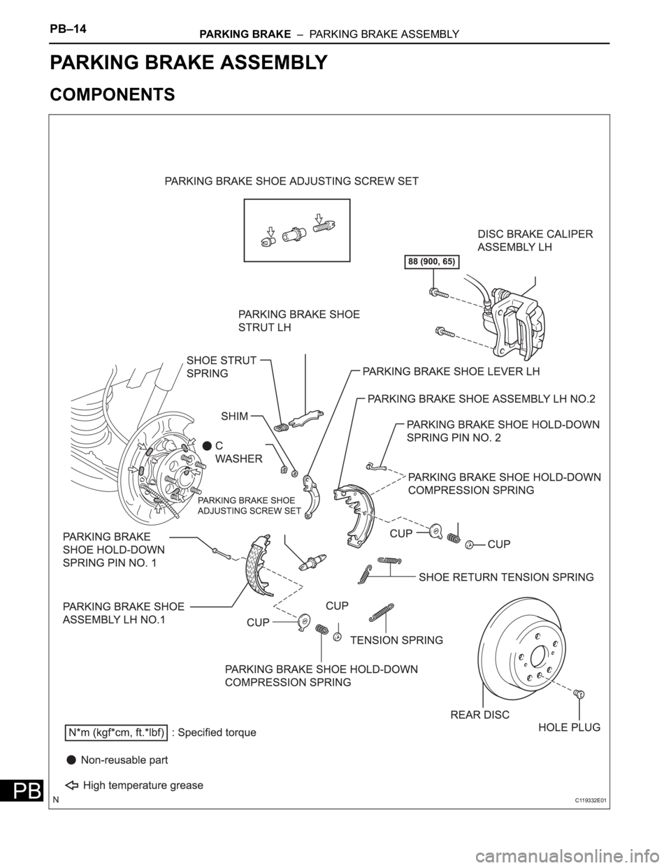 TOYOTA SIENNA 2007  Service Repair Manual PB–14PARKING BRAKE  –  PARKING BRAKE ASSEMBLY
PB
BRAKE
PARKING BRAKE
PARKING BRAKE ASSEMBLY
COMPONENTS
C119332E01 