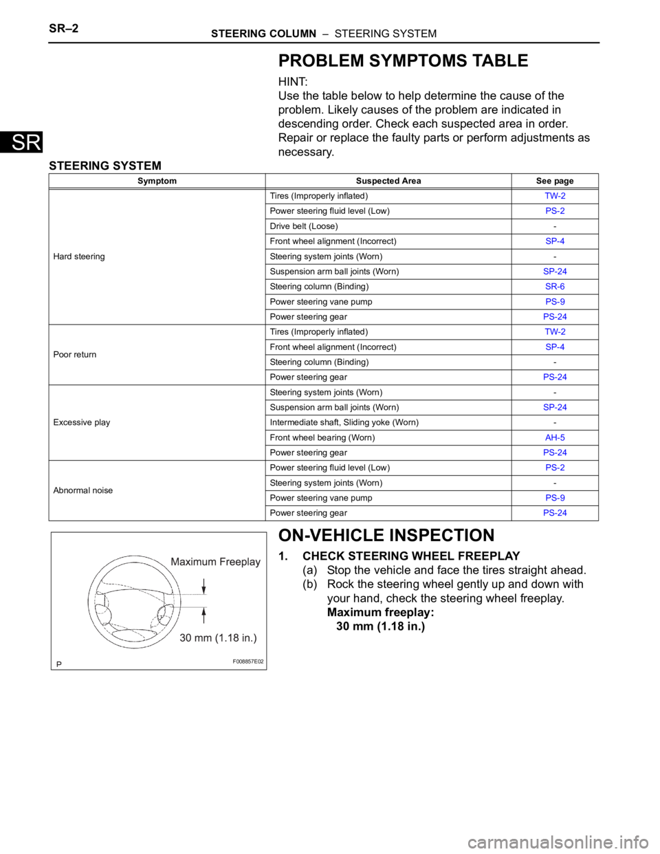 TOYOTA SIENNA 2007 Service Repair Manual SR–2STEERING COLUMN – STEERING SYSTEM
SR
PROBLEM SYMPTOMS TABLE
HINT:
Use the table below to help determine the cause of the
problem. Likely causes of the problem are indicated in
descending o TOYOTA SIENNA 2007 Service Repair Manual SR–2STEERING COLUMN – STEERING SYSTEM
SR
PROBLEM SYMPTOMS TABLE
HINT:
Use the table below to help determine the cause of the
problem. Likely causes of the problem are indicated in
descending o