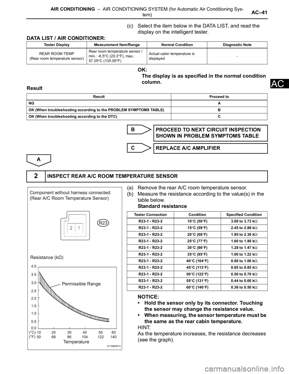 TOYOTA SIENNA 2007  Service Repair Manual AIR CONDITIONING  –  AIR CONDITIONING SYSTEM (for Automatic Air Conditioning Sys-
tem)AC–41
AC
(c) Select the item below in the DATA LIST, and read the 
display on the intelligent tester.
DATA LIS