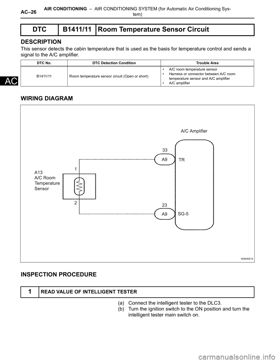 TOYOTA SIENNA 2007  Service Repair Manual AC–26AIR CONDITIONING  –  AIR CONDITIONING SYSTEM (for Automatic Air Conditioning Sys-
tem)
AC
DESCRIPTION
This sensor detects the cabin temperature that is used as the basis for temperature contr