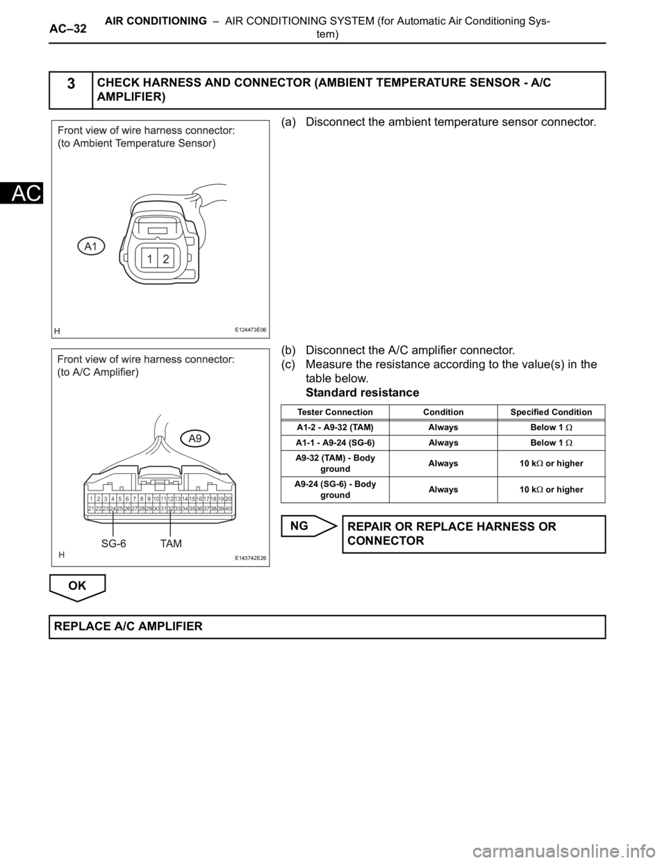 TOYOTA SIENNA 2007  Service Repair Manual AC–32AIR CONDITIONING  –  AIR CONDITIONING SYSTEM (for Automatic Air Conditioning Sys-
tem)
AC
(a) Disconnect the ambient temperature sensor connector.
(b) Disconnect the A/C amplifier connector.
