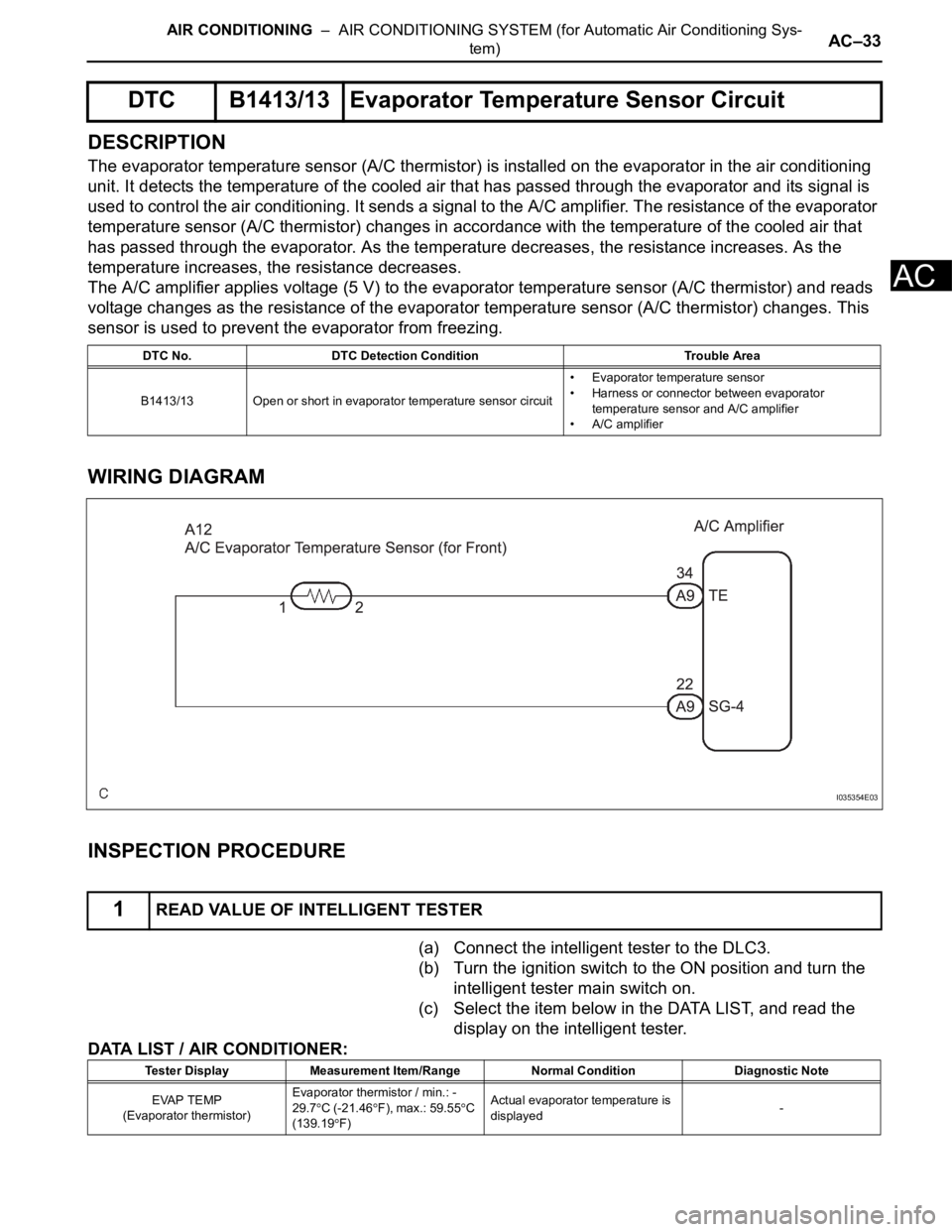 TOYOTA SIENNA 2007  Service Repair Manual AIR CONDITIONING  –  AIR CONDITIONING SYSTEM (for Automatic Air Conditioning Sys-
tem)AC–33
AC
DESCRIPTION
The evaporator temperature sensor (A/C thermistor) is installed on the evaporator in the 