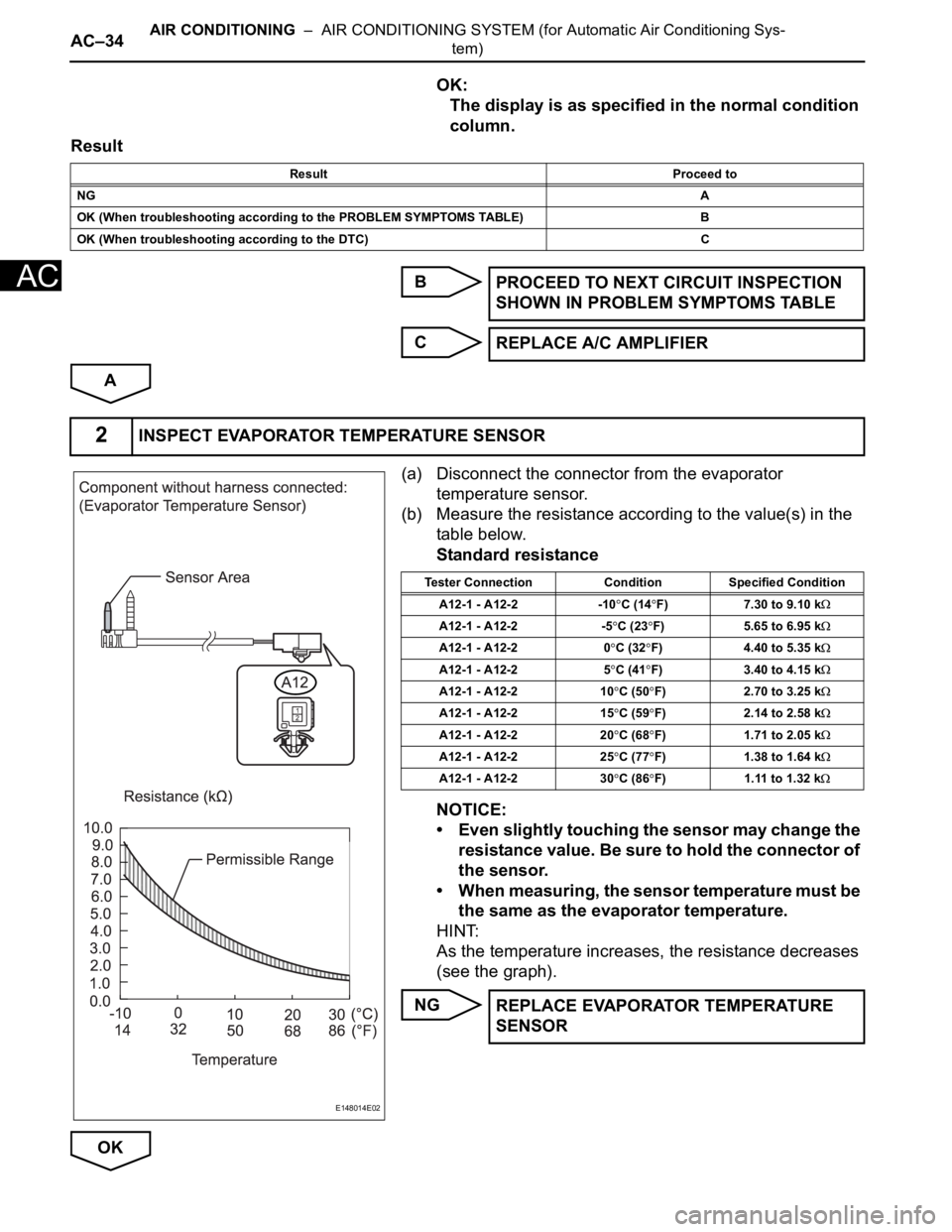 TOYOTA SIENNA 2007  Service Repair Manual AC–34AIR CONDITIONING  –  AIR CONDITIONING SYSTEM (for Automatic Air Conditioning Sys-
tem)
AC
OK:
The display is as specified in the normal condition 
column.
Result
B
C
A
(a) Disconnect the conn