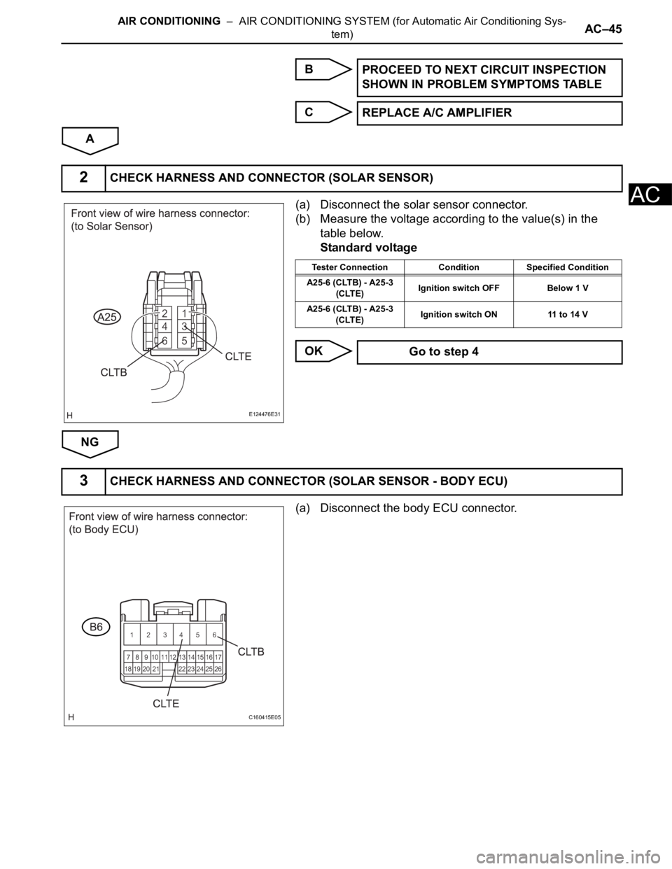 TOYOTA SIENNA 2007  Service Repair Manual AIR CONDITIONING  –  AIR CONDITIONING SYSTEM (for Automatic Air Conditioning Sys-
tem)AC–45
AC
B
C
A
(a) Disconnect the solar sensor connector.
(b) Measure the voltage according to the value(s) in