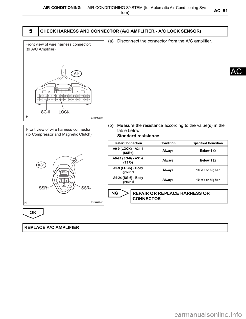 TOYOTA SIENNA 2007  Service Repair Manual AIR CONDITIONING  –  AIR CONDITIONING SYSTEM (for Automatic Air Conditioning Sys-
tem)AC–51
AC
(a) Disconnect the connector from the A/C amplifier.
(b) Measure the resistance according to the valu