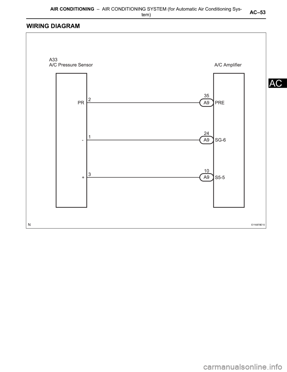 TOYOTA SIENNA 2007  Service Repair Manual AIR CONDITIONING  –  AIR CONDITIONING SYSTEM (for Automatic Air Conditioning Sys-
tem)AC–53
AC
WIRING DIAGRAM
E116878E10 