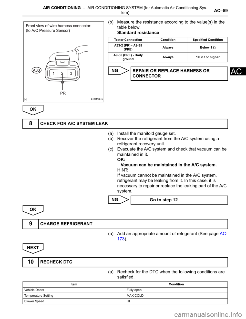 TOYOTA SIENNA 2007  Service Repair Manual AIR CONDITIONING  –  AIR CONDITIONING SYSTEM (for Automatic Air Conditioning Sys-
tem)AC–59
AC
(b) Measure the resistance according to the value(s) in the 
table below.
Standard resistance
NG
OK
(