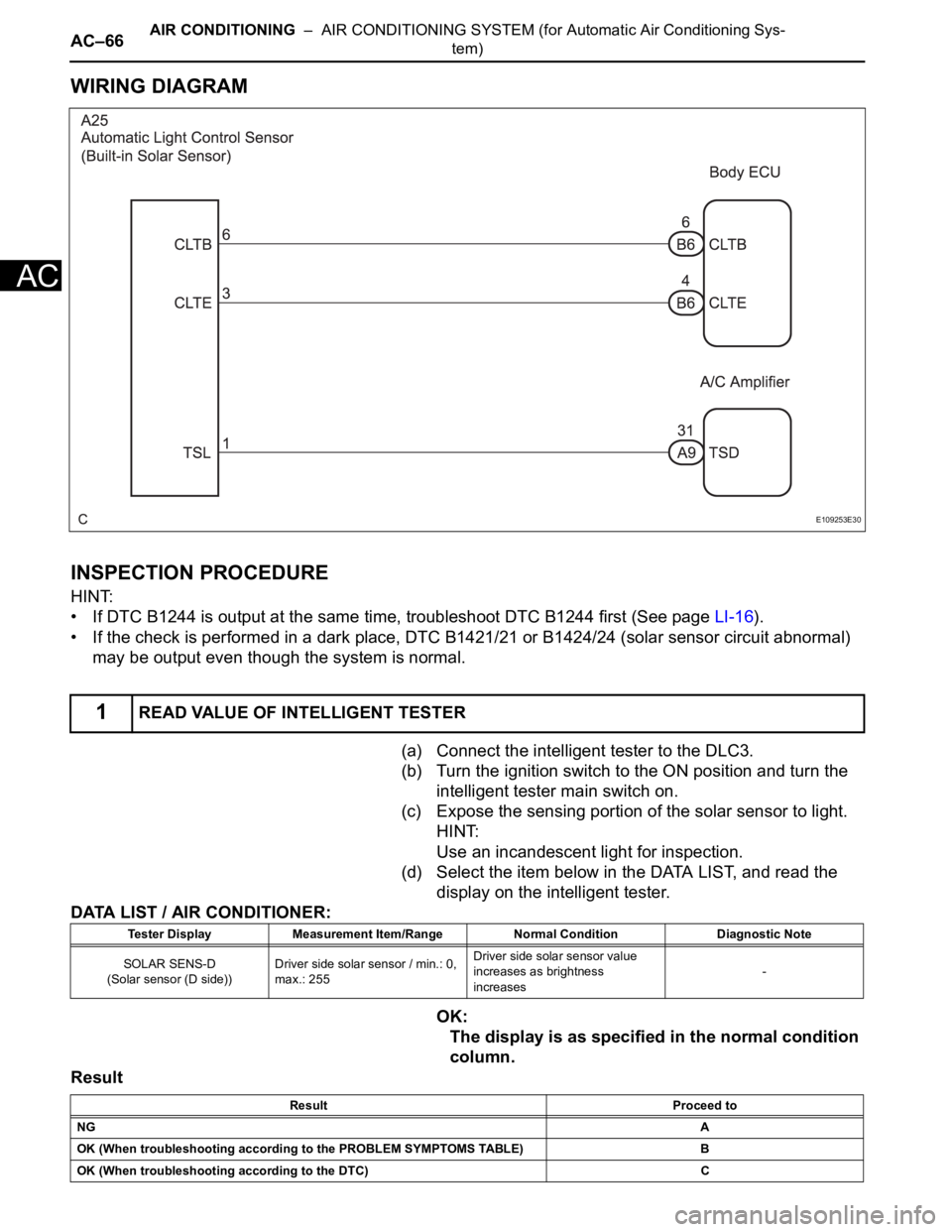 TOYOTA SIENNA 2007 Service Repair Manual AC–66AIR CONDITIONING – AIR CONDITIONING SYSTEM (for Automatic Air Conditioning Sys-
tem)
AC
WIRING DIAGRAM
INSPECTION PROCEDURE
HINT:
• If DTC B1244 is output at the same time, troubleshoot D TOYOTA SIENNA 2007 Service Repair Manual AC–66AIR CONDITIONING – AIR CONDITIONING SYSTEM (for Automatic Air Conditioning Sys-
tem)
AC
WIRING DIAGRAM
INSPECTION PROCEDURE
HINT:
• If DTC B1244 is output at the same time, troubleshoot D