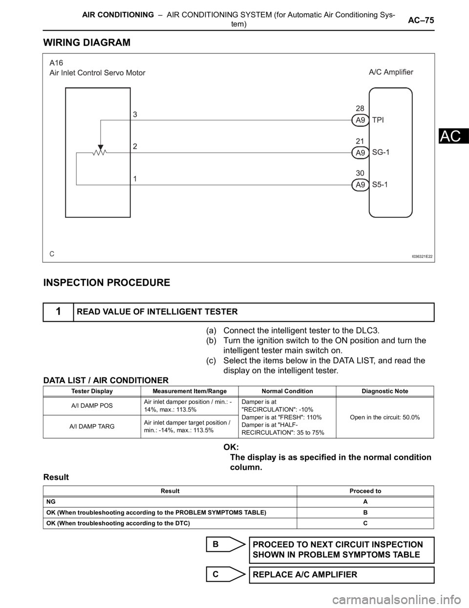 TOYOTA SIENNA 2007 Service Repair Manual AIR CONDITIONING – AIR CONDITIONING SYSTEM (for Automatic Air Conditioning Sys-
tem)AC–75
AC
WIRING DIAGRAM
INSPECTION PROCEDURE
(a) Connect the intelligent tester to the DLC3.
(b) Turn the igni TOYOTA SIENNA 2007 Service Repair Manual AIR CONDITIONING – AIR CONDITIONING SYSTEM (for Automatic Air Conditioning Sys-
tem)AC–75
AC
WIRING DIAGRAM
INSPECTION PROCEDURE
(a) Connect the intelligent tester to the DLC3.
(b) Turn the igni