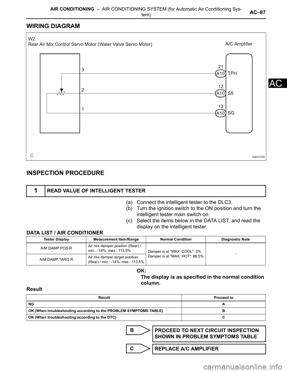 TOYOTA SIENNA 2007 Service Repair Manual AIR CONDITIONING – AIR CONDITIONING SYSTEM (for Automatic Air Conditioning Sys-
tem)AC–87
AC
WIRING DIAGRAM
INSPECTION PROCEDURE
(a) Connect the intelligent tester to the DLC3.
(b) Turn the igni TOYOTA SIENNA 2007 Service Repair Manual AIR CONDITIONING – AIR CONDITIONING SYSTEM (for Automatic Air Conditioning Sys-
tem)AC–87
AC
WIRING DIAGRAM
INSPECTION PROCEDURE
(a) Connect the intelligent tester to the DLC3.
(b) Turn the igni