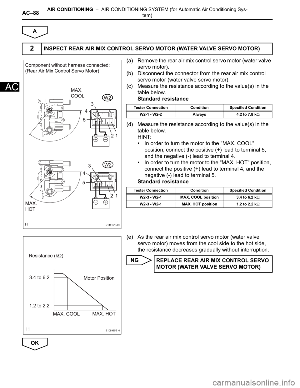 TOYOTA SIENNA 2007 Service Repair Manual AC–88AIR CONDITIONING – AIR CONDITIONING SYSTEM (for Automatic Air Conditioning Sys-
tem)
AC
A
(a) Remove the rear air mix control servo motor (water valve
servo motor).
(b) Disconnect the conn TOYOTA SIENNA 2007 Service Repair Manual AC–88AIR CONDITIONING – AIR CONDITIONING SYSTEM (for Automatic Air Conditioning Sys-
tem)
AC
A
(a) Remove the rear air mix control servo motor (water valve
servo motor).
(b) Disconnect the conn