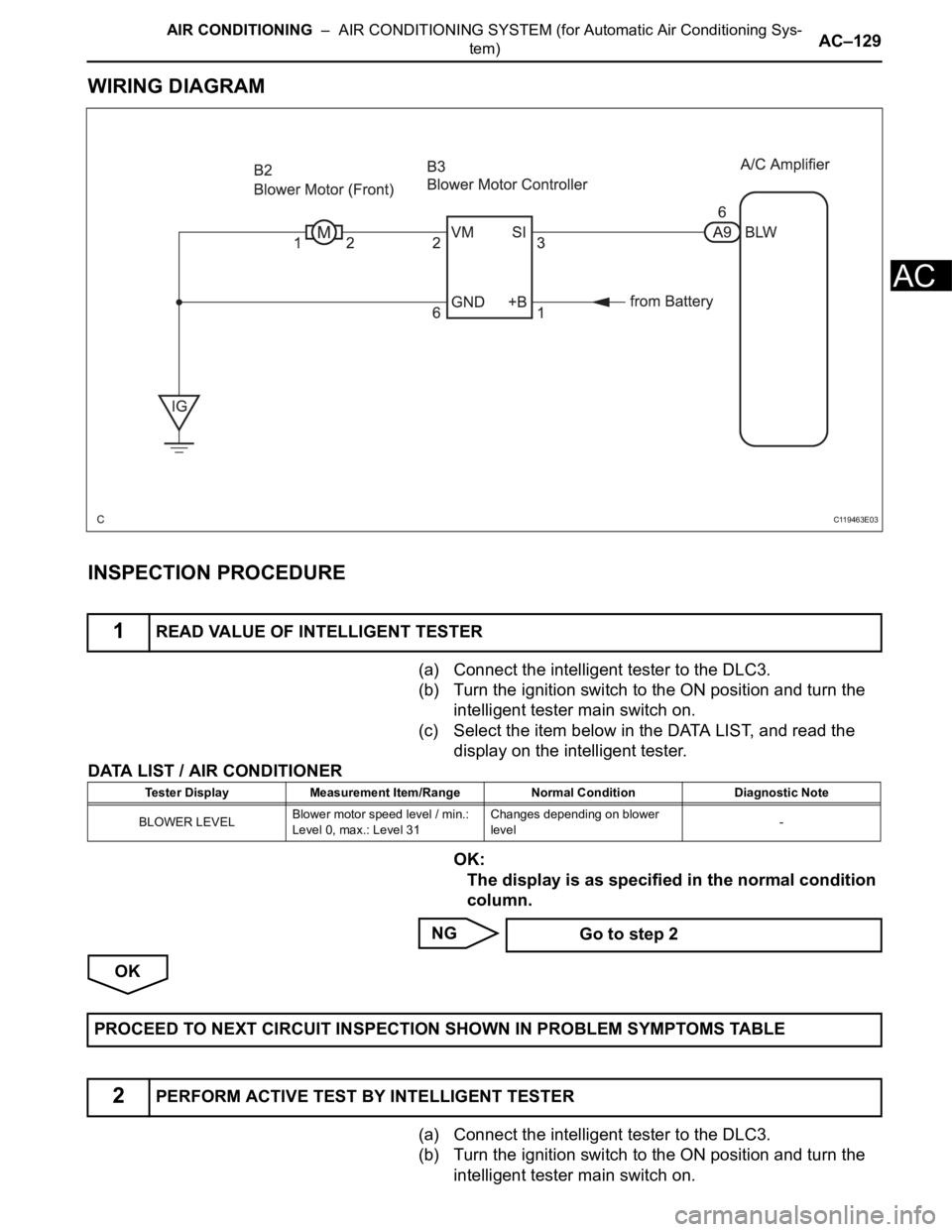 TOYOTA SIENNA 2007  Service Repair Manual AIR CONDITIONING  –  AIR CONDITIONING SYSTEM (for Automatic Air Conditioning Sys-
tem)AC–129
AC
WIRING DIAGRAM
INSPECTION PROCEDURE
(a) Connect the intelligent tester to the DLC3.
(b) Turn the ign