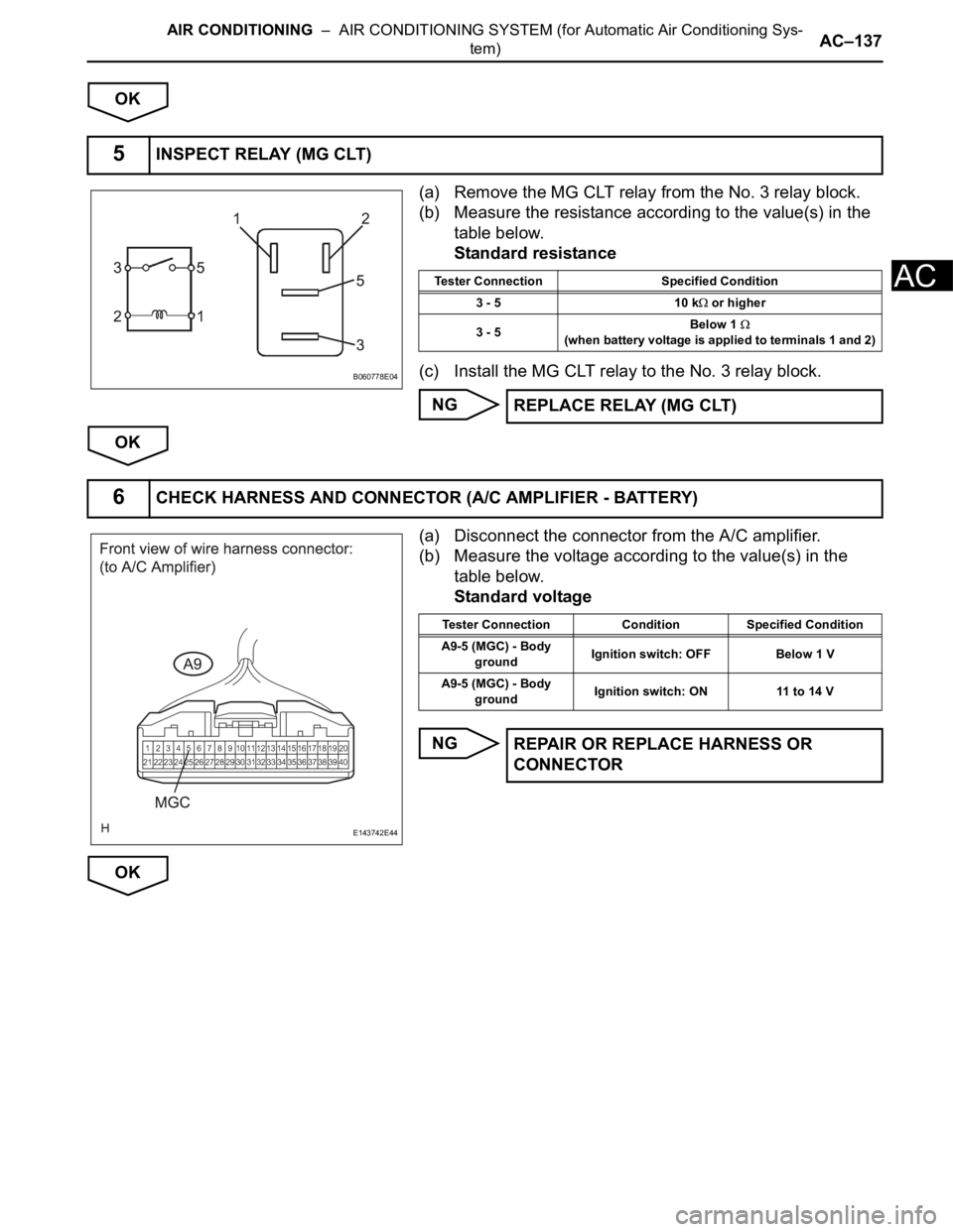 TOYOTA SIENNA 2007  Service Repair Manual AIR CONDITIONING  –  AIR CONDITIONING SYSTEM (for Automatic Air Conditioning Sys-
tem)AC–137
AC
OK
(a) Remove the MG CLT relay from the No. 3 relay block.
(b) Measure the resistance according to t