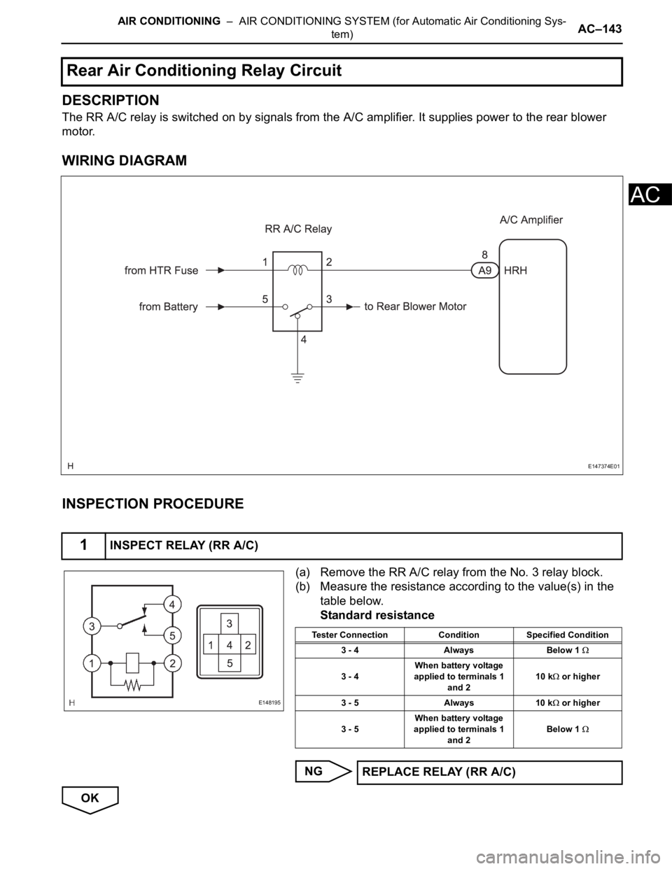 TOYOTA SIENNA 2007  Service Repair Manual AIR CONDITIONING  –  AIR CONDITIONING SYSTEM (for Automatic Air Conditioning Sys-
tem)AC–143
AC
DESCRIPTION
The RR A/C relay is switched on by signals from the A/C amplifier. It supplies power to 