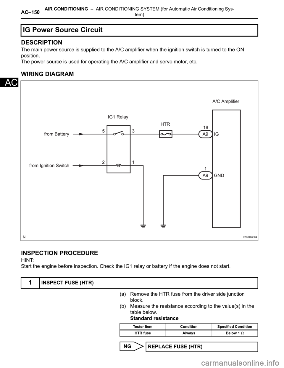 TOYOTA SIENNA 2007  Service Repair Manual AC–150AIR CONDITIONING  –  AIR CONDITIONING SYSTEM (for Automatic Air Conditioning Sys-
tem)
AC
DESCRIPTION
The main power source is supplied to the A/C amplifier when the ignition switch is turne