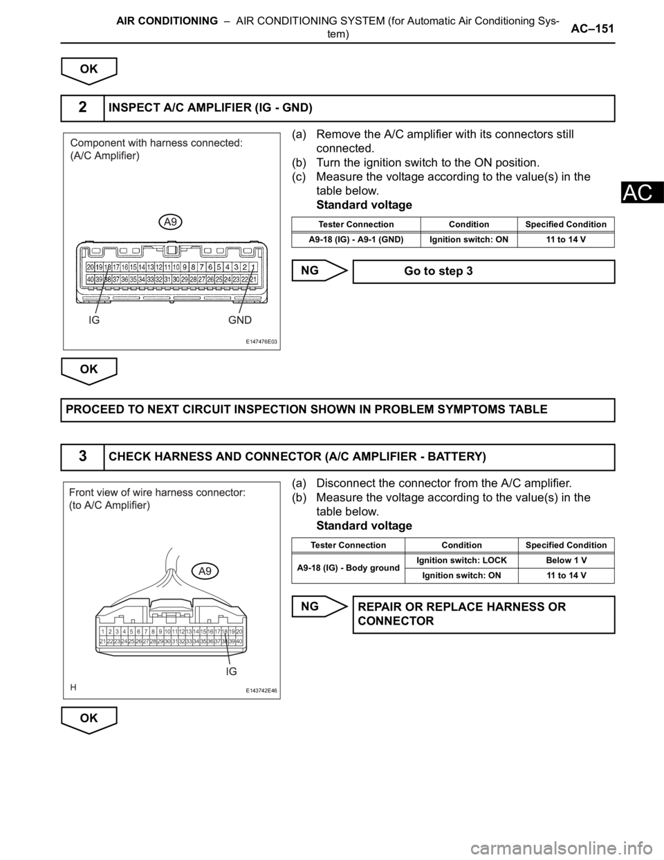 TOYOTA SIENNA 2007  Service Repair Manual AIR CONDITIONING  –  AIR CONDITIONING SYSTEM (for Automatic Air Conditioning Sys-
tem)AC–151
AC
OK
(a) Remove the A/C amplifier with its connectors still 
connected.
(b) Turn the ignition switch t