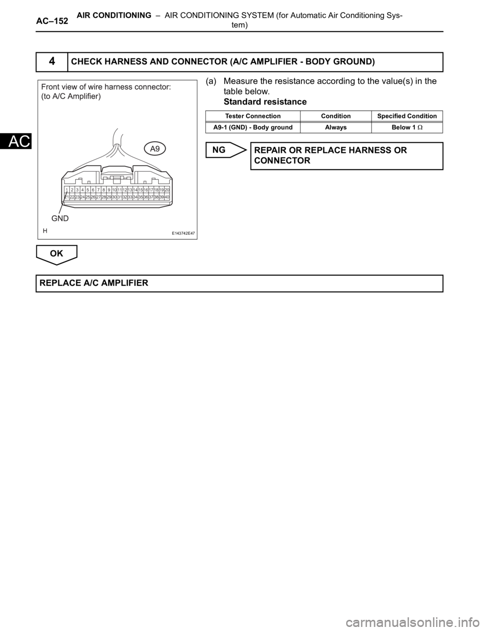 TOYOTA SIENNA 2007  Service Repair Manual AC–152AIR CONDITIONING  –  AIR CONDITIONING SYSTEM (for Automatic Air Conditioning Sys-
tem)
AC
(a) Measure the resistance according to the value(s) in the 
table below.
Standard resistance
NG
OK
