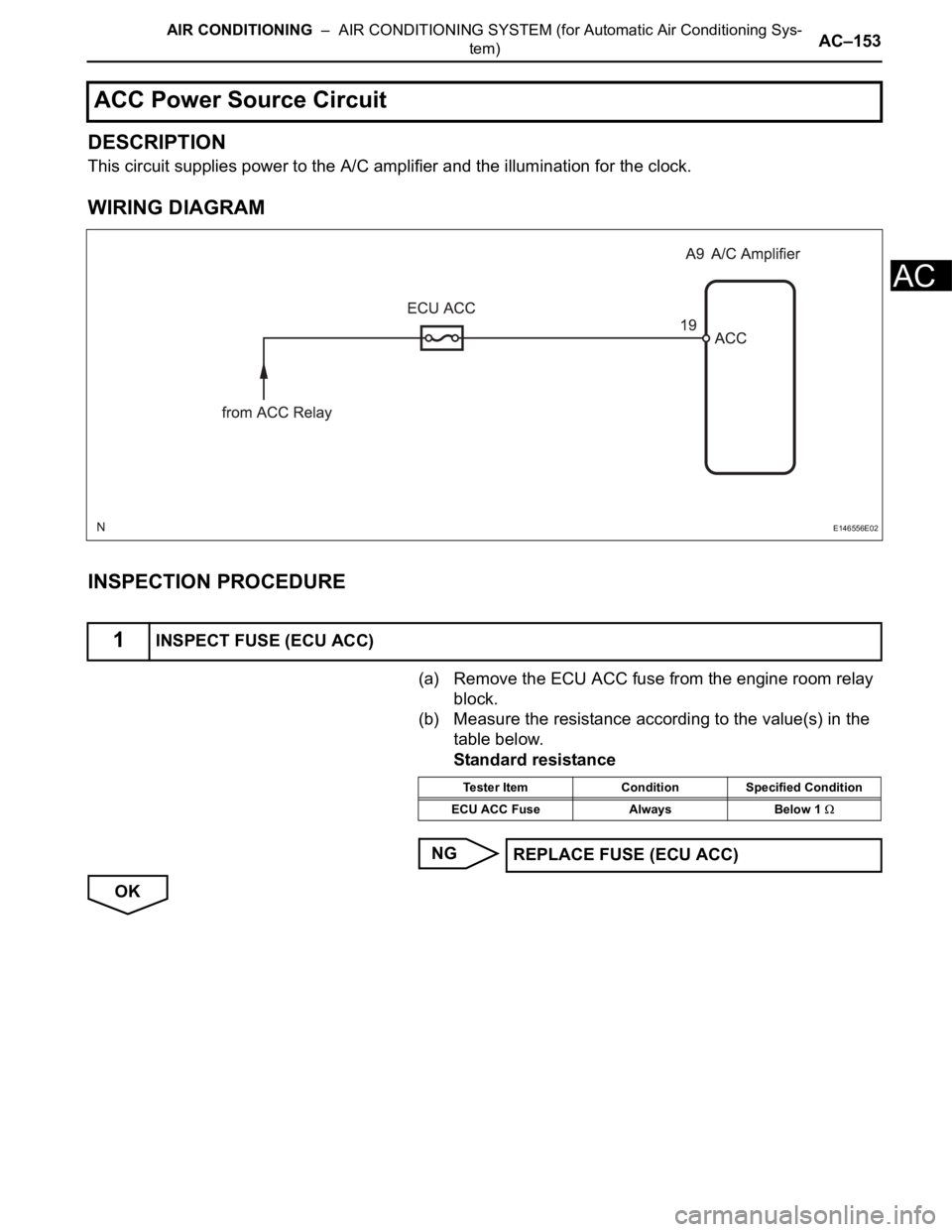 TOYOTA SIENNA 2007  Service Repair Manual AIR CONDITIONING  –  AIR CONDITIONING SYSTEM (for Automatic Air Conditioning Sys-
tem)AC–153
AC
DESCRIPTION
This circuit supplies power to the A/C amplifier and the illumination for the clock.
WIR