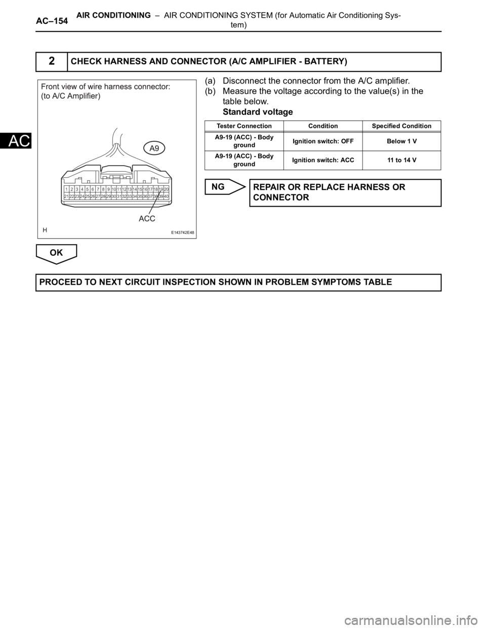 TOYOTA SIENNA 2007  Service Repair Manual AC–154AIR CONDITIONING  –  AIR CONDITIONING SYSTEM (for Automatic Air Conditioning Sys-
tem)
AC
(a) Disconnect the connector from the A/C amplifier.
(b) Measure the voltage according to the value(