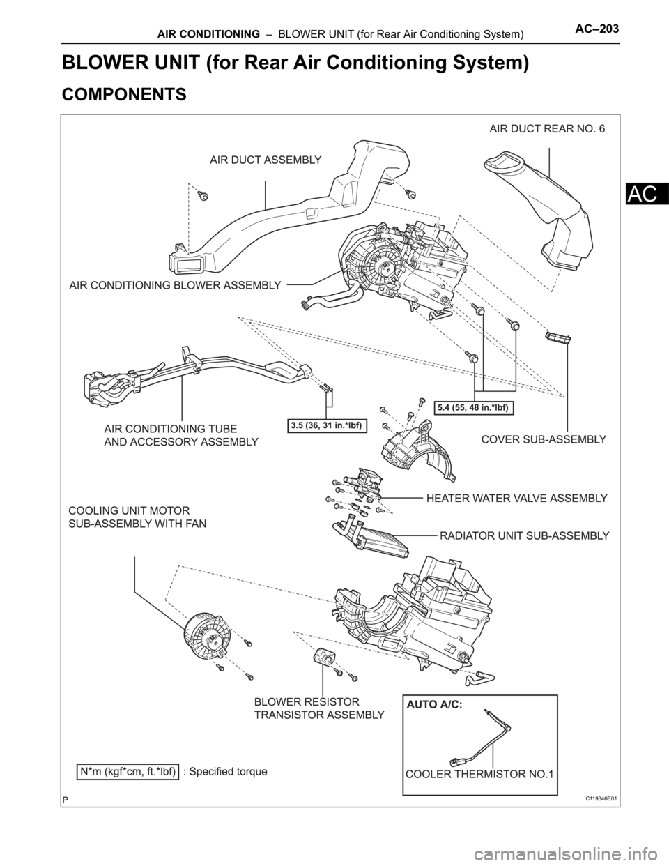 TOYOTA SIENNA 2007  Service Repair Manual AIR CONDITIONING  –  BLOWER UNIT (for Rear Air Conditioning System)AC–203
AC
HEATER & AIR CONDITIONING SYSTEM
AIR CONDITIONING
BLOWER UNIT (for Rear Air Conditioning System)
COMPONENTS
C119346E01 