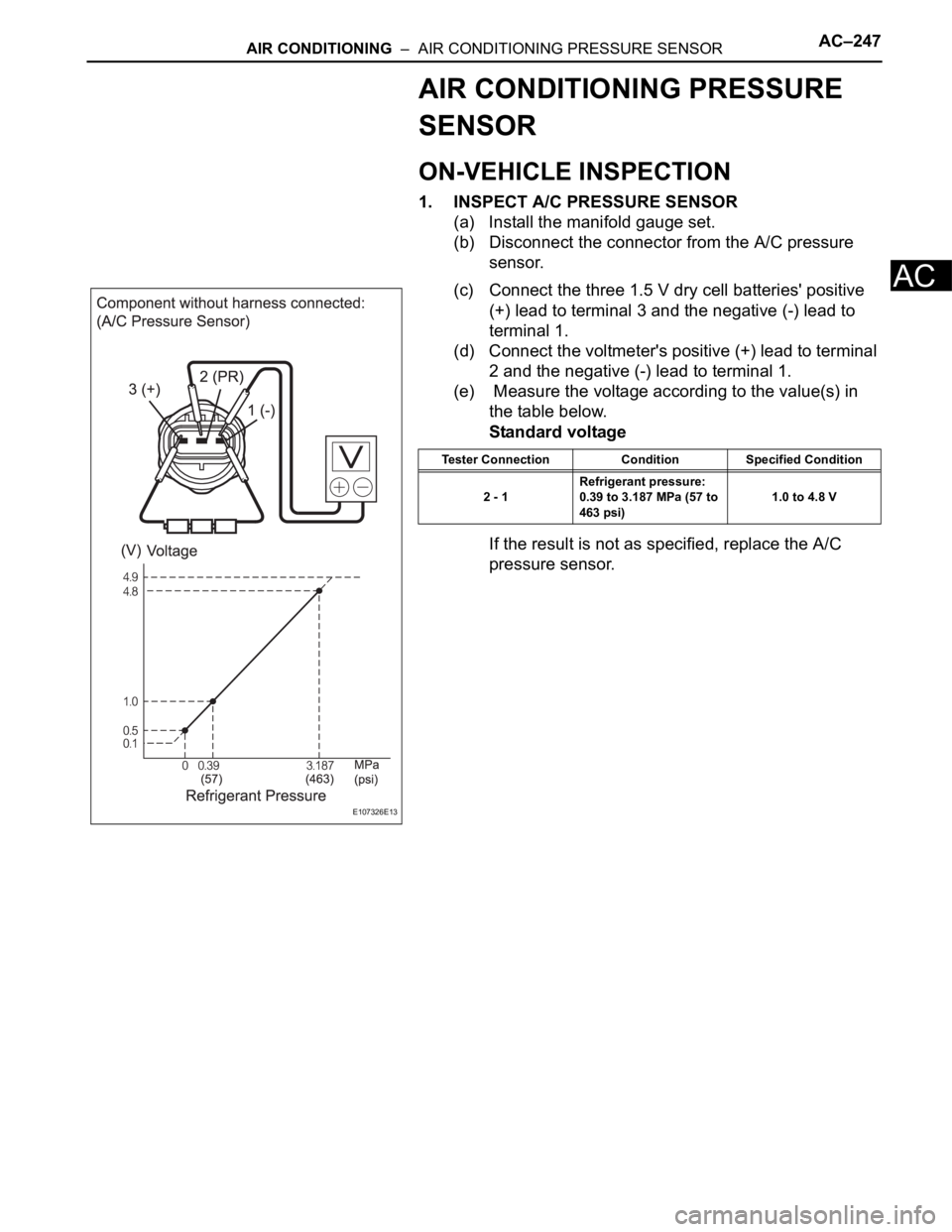 TOYOTA SIENNA 2007  Service Repair Manual AIR CONDITIONING  –  AIR CONDITIONING PRESSURE SENSORAC–247
AC
AIR CONDITIONING PRESSURE 
SENSOR
ON-VEHICLE INSPECTION
1. INSPECT A/C PRESSURE SENSOR
(a) Install the manifold gauge set.
(b) Discon