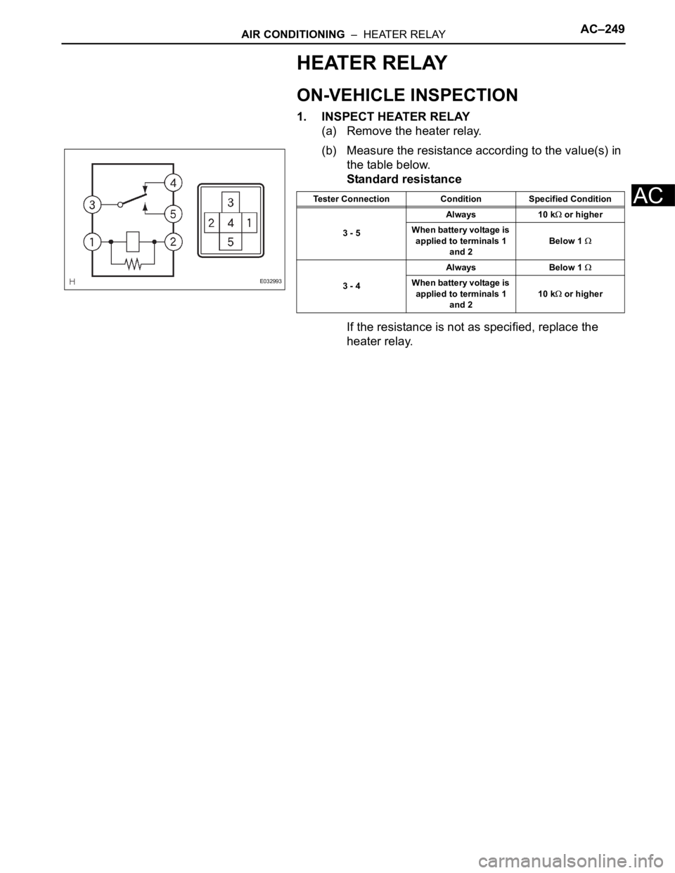 TOYOTA SIENNA 2007  Service Repair Manual AIR CONDITIONING  –  HEATER RELAYAC–249
AC
HEATER RELAY
ON-VEHICLE INSPECTION
1. INSPECT HEATER RELAY
(a) Remove the heater relay.
(b) Measure the resistance according to the value(s) in 
the tabl